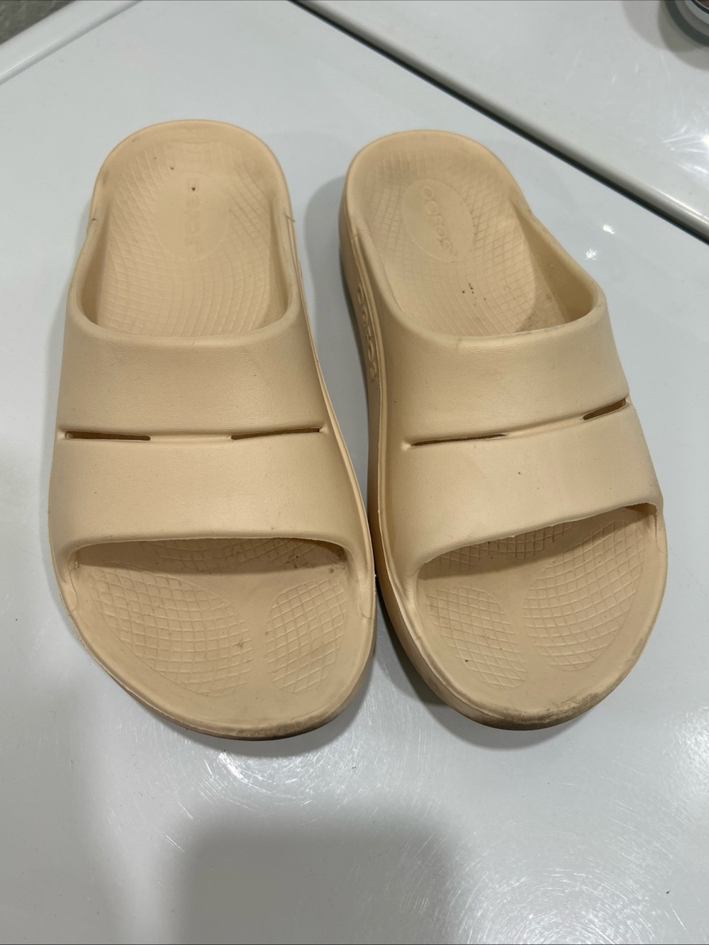 Neutral Beige Slide Sandals oofos women’s